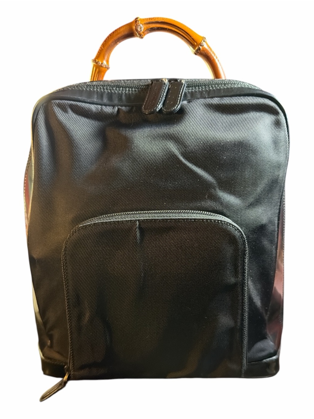 Gucci Vintage Black Nylon Bamboo Handle Backpack Patent Leather Trim Archival